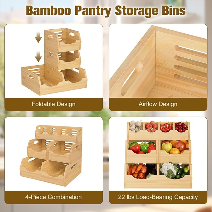 Upgraded 3 Tier Bamboo Pantry Storage Bins - Stackable Potato and Onion Storage Bin, Storage Baskets Airflow Vent Vegetable and Fruit Organizer with Handle, for Kitchen, Livingroom,Bathroom