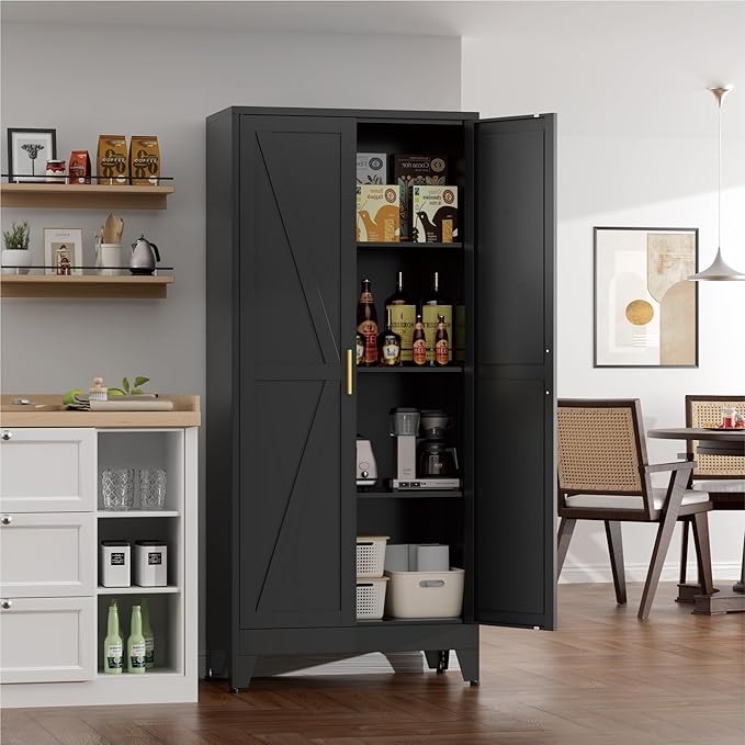 YNIQUESTLE Farmhouse Pantry Cabinet with Barn Doors,61" H x 27.5" W,Metal Cabinet with Adjustable Shelves,4-Tier Storage Cabinet for Kitchen Dining Room Garage Office,Black