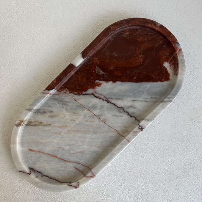 SAIDKOCC Natural Marble Oval Tray Ornaments Vintage Small Tray Storage Dish for Counter, Vanity, Dresser, Nightstand and Desk (Calacatta Red)