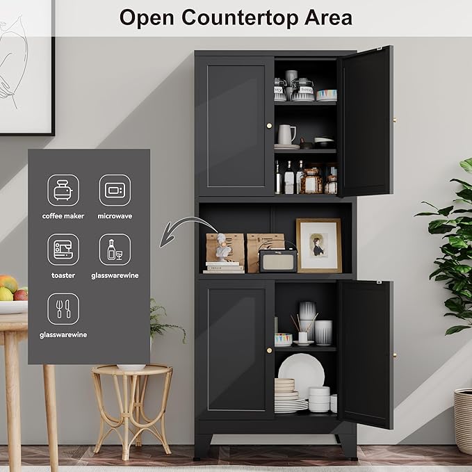 YAUWOH Metal Pantry Storage Cabinet, 69" Tall Storoge Cabinet with 4 Doors & 3 Adjustable Shelves, Microwave Stand with Storage for Kitchen, Dining Room, Living Room (1PC,Black)