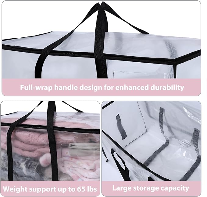 6 Pack Moving Bags Heavy Duty, Extra Large Moving Bags, Moving Supplies, Storage Bags with Handles and Zippers, Waterproof Totes for Storage Space Saving Packaging Shipping and Travel(Clear）