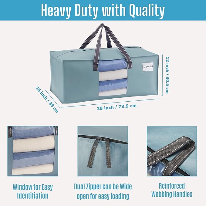 VENO 6 Pack Heavy Duty Moving Bags, Christmas Storage Bins with Lids, Transparent Window Design, Alternative to Moving Boxes, Storage Bags for Clothes, Blankets, Comforters (Light Blue Matte, 6 Pack)