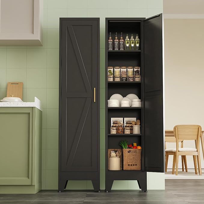 Narrow Metal Cabinet with 4 Adjustable Shelves and Barn Doors,Tall Bathroom Storage Cabinet, Metal Pantry Organizer for Kitchen,Home Office, Dining Room,Black
