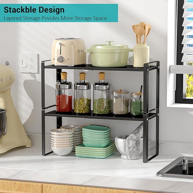 Astrorhine 2 Pack Expandable Cabinet Organizer Shelves, 88lbs High Weight Capacity, Stackable Heavy-Duty Metal Storage Rack, Adjustable Cabinet Shelf for Kitchen, Pantry, Cupboard, Under Sink, Black