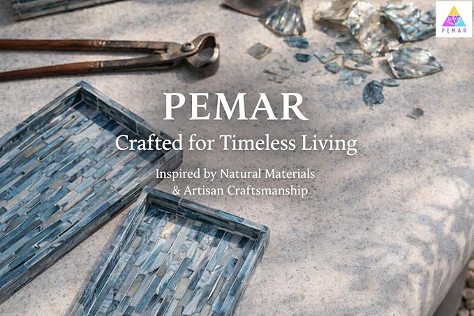 PEMAR Blue Mother of Pearl Tray Set of 2 – Handcrafted Decorative Vanity & Countertop Organizer for Bathroom, Entryway, Coffee Table – Elegant Home Decor Accent, 11.8" Lx5.1 Wx1 H