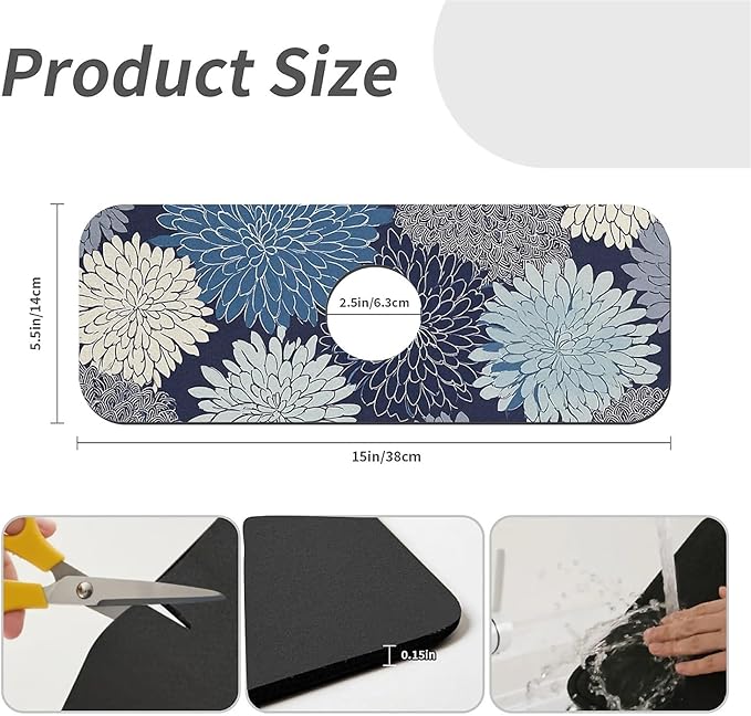 Kitchen Sink Splash Guard，Chrysanthemum flowers Faucet Mat Sink Gadgets-Super Absorbent Fast Drying Mat Drip Catcher for Kitchen, Bathroom,Sink Mat, Dish Drying Mat, Bathroom(15" X 5.5" )