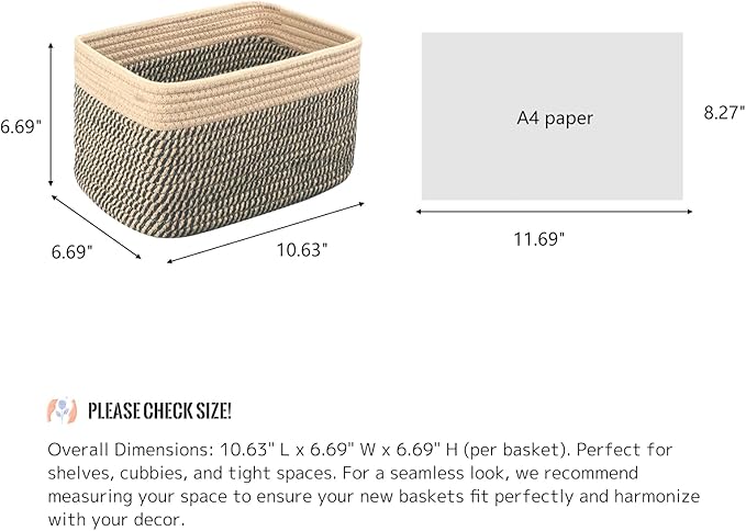 R RUNKA Small Cotton Rope Basket – Storage Bin for Organizing (10.6" x 6.7" x 6.7"), Bathroom Storage Basket for Shelf, Counter & Closet（Camel & Mixed Black）