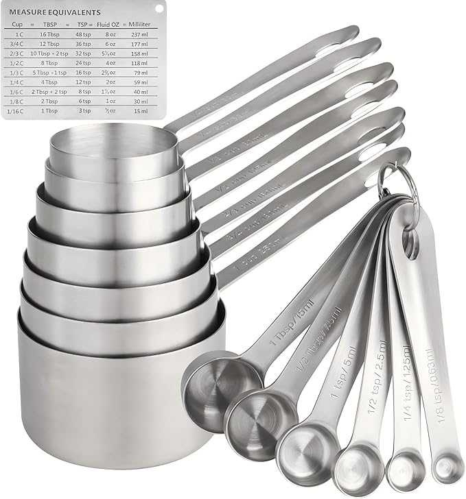 Viwehots Measuring Cups and Spoons Set 16, 18/8 Stainless Steel Measuring Cups and Spoons for Dry&Liquid, 7 Metric&US Measing Cups &6 Measuring Spoons &Measure Equivalents for Kitchen&Baking