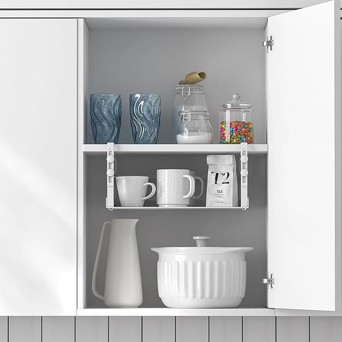 HENGI Adjustable Under Shelf Storage, Heavy Duty Metal Basket Organizer for Kitchen Cupboard Cabinet Pantry Laundry Desk Bookshelf, White