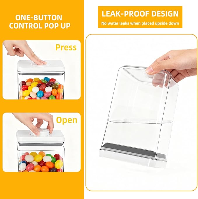 3 Pcs Airtight Food Storage Containers with Lids, Push Button Seal BPA-Free Containers for Kitchen Pantry Organization, 0.65Qt/0.7Qt/1.8Qt for Cereal, Flour, Sugar, Snacks Dry Food Storage