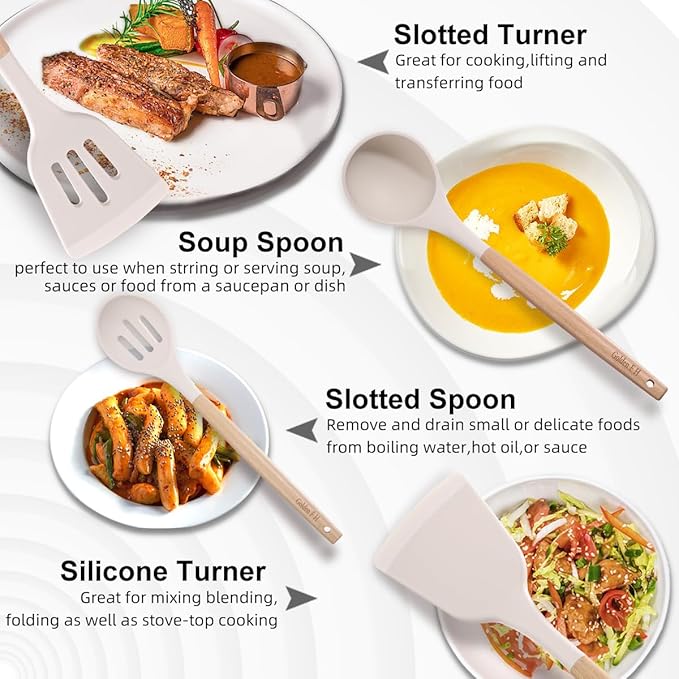 Silicone Kitchen Utensils Set 14pcs, Heat Resistant BPA Free Cooking Tools With Wooden Handles, Safe For Nonstick Cookaware, Beige