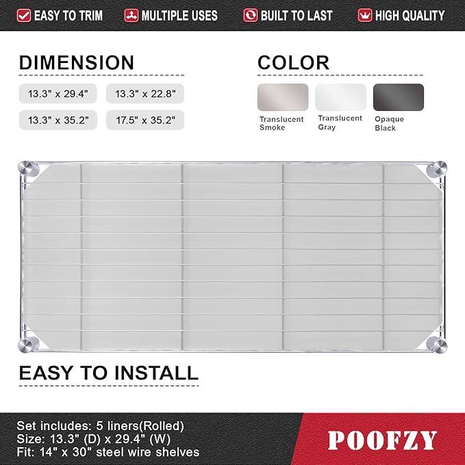 Poofzy Wire Shelf Liner 14 x 30, Set of 5 Shelf Liners for Wire Shelving Plastic Non-Adhesive for Pantry, Kitchen Cabinets (Clear)