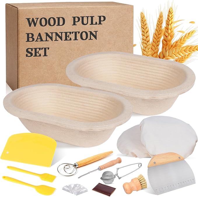 Non-Stick 10" Oval Wood Pulp Banneton Bread Proofing Basket Set Of 2, Sourdough Banneton Basket Kit, Bread Making Tool Sourdough Starter Kit with Proofing Bowl, Cover, Dough Whisk, Lame, Scraper