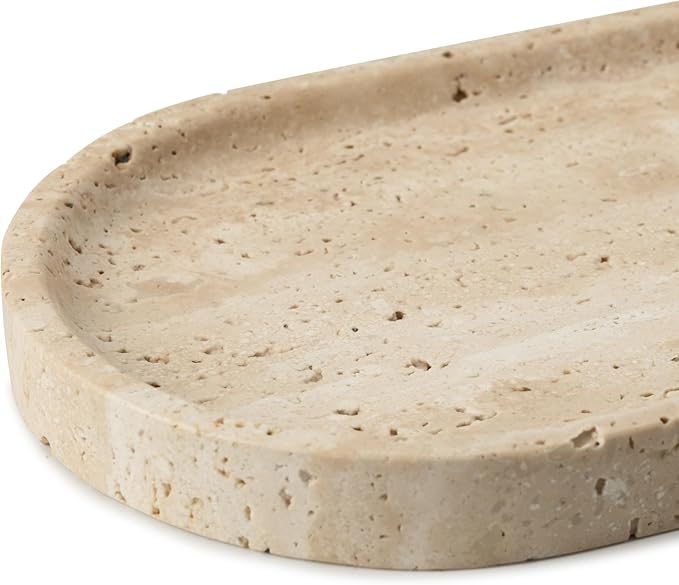 WILD WORKS Natural Travertine Oval Tray - 100% Real Stone Handcrafted, Modern Multi-Purpose Decorative Organizer for Kitchen, Bathroom, Living Room Home Decor