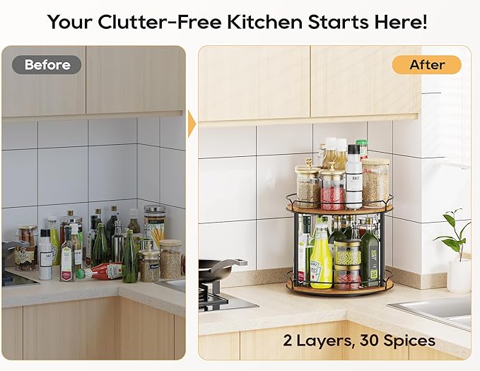 MUTUALUS 12.4" Lazy Susan Organizer 2 Tier - Rotating Spice Rack, Wooden Spinning Spice Holder for Inside Cabinet, Pantry, Kitchen, Countertop, Bathroom and Vanity, Versatile Storage