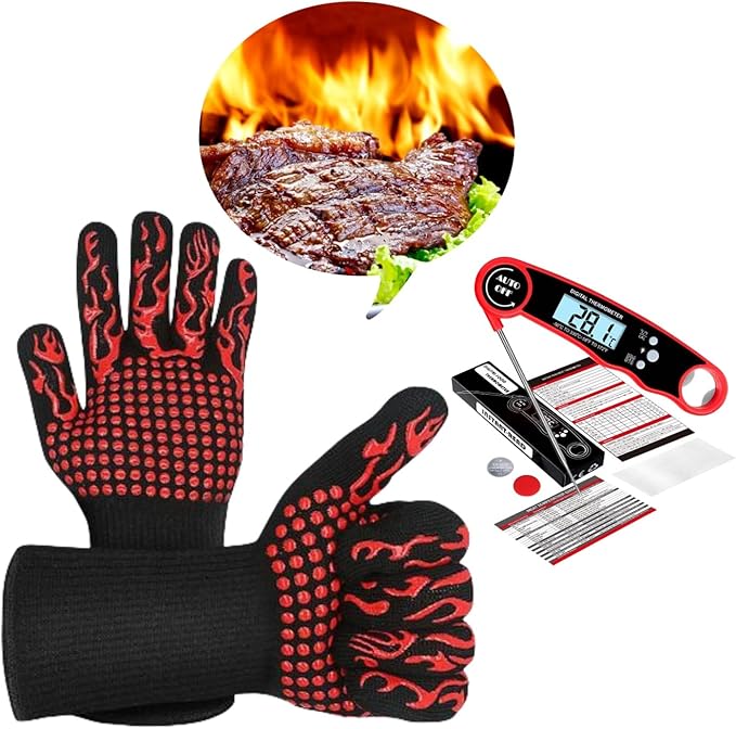 BBQ Gloves, Heat Protection Grilling Gloves Kitchen Gloves Up to 1472°F+ Meat Thermometer Probe Auto-Off for Barbecue,Grill,Cooking, Baking, Cutting