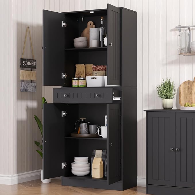 Furnify Kitchen Pantry Storage Cabinet, 71" H Farmhouse Pantry Cabinet with 4 Doors & Drawer, Freestanding Cupboard with Adjustable Shelves, Rustic Wood Cupboard for Kitchen, Dining Room, Black