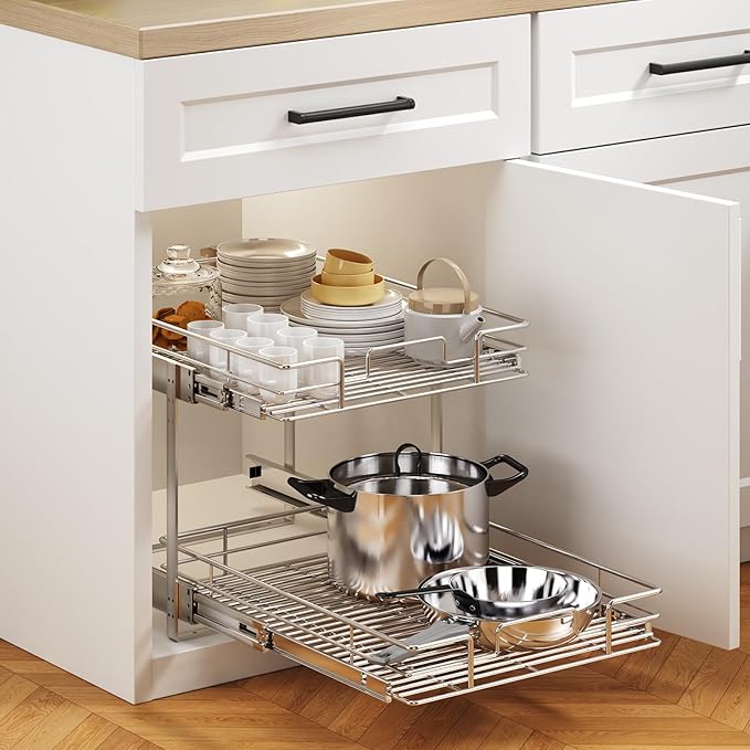 MODCART 2 Tier Individual Pull Out Cabinet Organizer 19½" W x 21½" D, Heavy Duty Cabinet Pull Out Shelves, Slide Out Drawers Organization for Kitchen Cabinets Bathroom