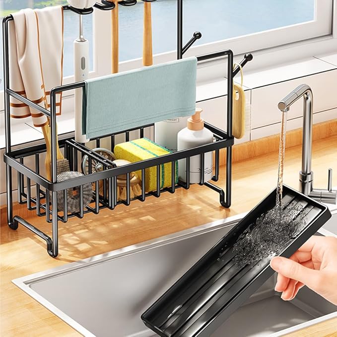 Sink Caddy with Drain Pan, Sponge and Dishcloth Holder, Rustproof Stainless Steel Organizer, Removable Brush Holder, Auto Drain Tray