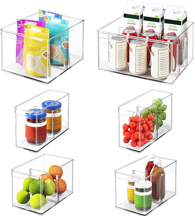 Clear Plastic Storage Bins with Dividers for Kitchen Pantry Organization, 6 Pack Thicken Stackable Storage Container Boxes for Refrigerator Cabinets Vanity Organizers and Storage, C6-3