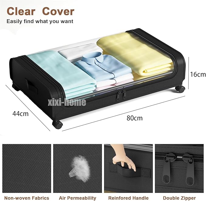 Under Bed Storage with Wheels,2 Pack Rolling Under bed Organizer Drawer with Clear Lids and Handles,UnderBed Storage Containers,Under Bed Organizer Bins for Clothes (Arc-shaped,Gray)