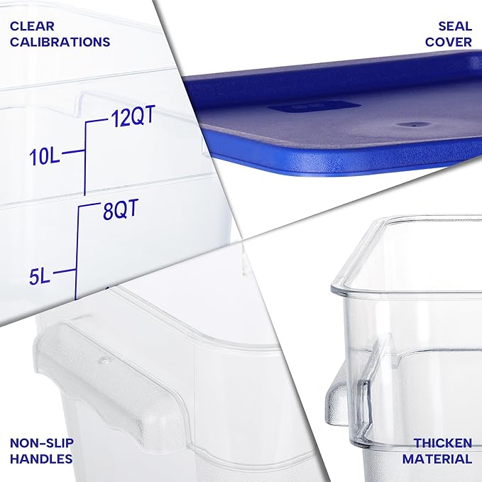 BIEAMA 4 Pack Food Storage Containers, 12 Quart with Lids, Square Commercial Containers with Scale, NSF, Polycarbonate, Clear