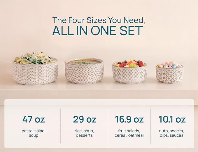 KooK Serving Bowls, with Lids, Ceramic Mixing Bowls, Nesting, Set of 4, Embossed, Kitchen, Prep, Stackable, Mix, Gift, Microwave and Dishwasher Safe, 10/16/29/47 oz, Narbonne Collection (Ivory)