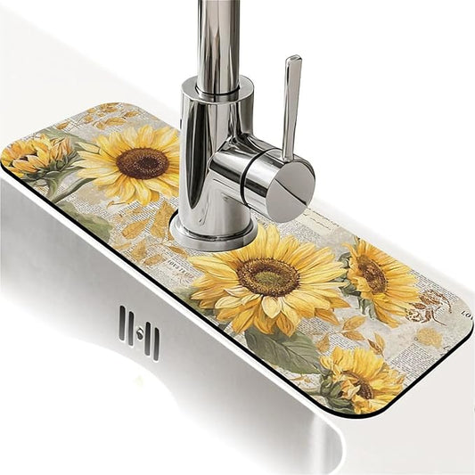 Kitchen Sink Splash Guard，cute sunflowers Faucet Mat Sink Gadgets-Super Absorbent Fast Drying Mat Drip Catcher for Kitchen, Bathroom,Sink Mat, Dish Drying Mat, Bathroom(15" X 5.5" )