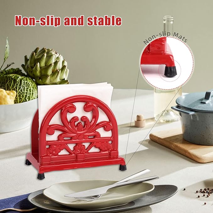 MINLUFUL Vintage Cast Iron Napkin Holder for Table, Upright Paper Napkins Dispenser for Kitchen Restaurant Cocktail Bar with Red Flower Pattern Decor
