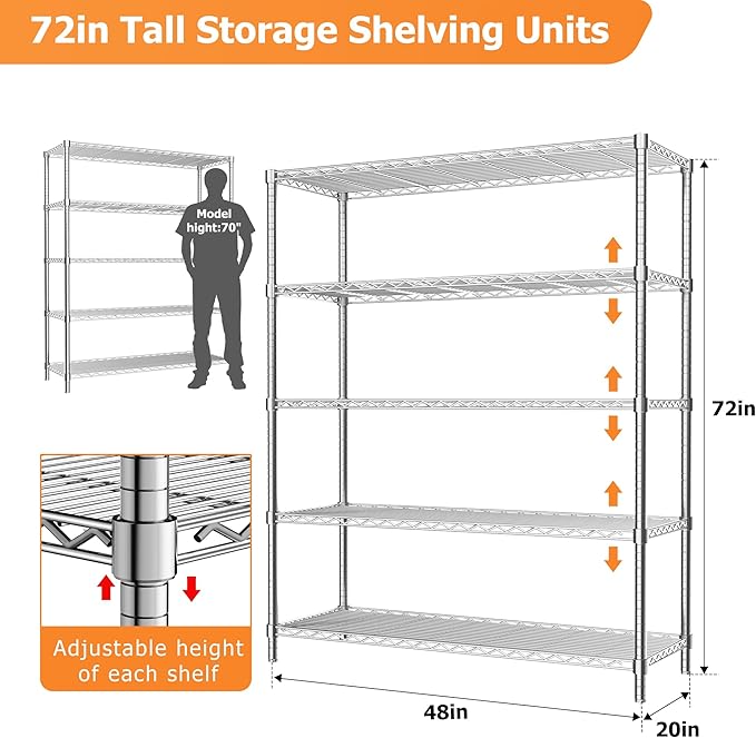 Storage Shelves Heavy Duty, 3 PCS 48" L x 20" W x 72" H Garage Wire Shelving Unit Loads 2000LBS, 5-Tier Adjustable Metal Industrial Utility Shelf Rack for Kitchen, Laundry Room, Warehouse, Basement