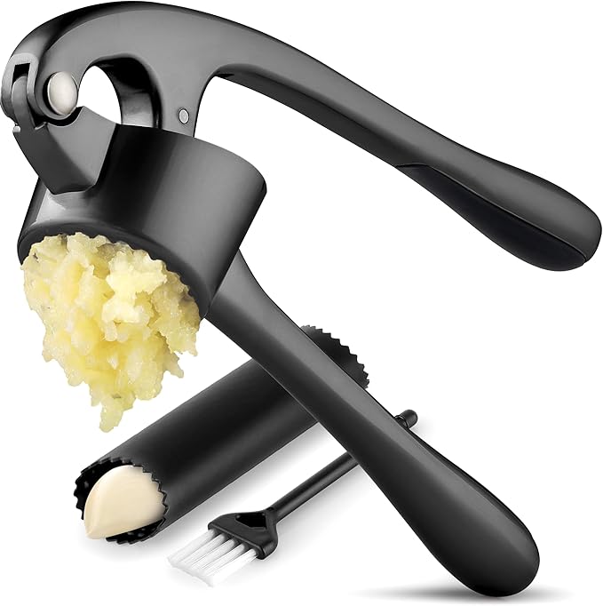 Zulay Kitchen Large Premium Garlic Press Set - Bigger Bowl for Bigger Garlic - Rust Proof Garlic Mincer Tool - Easy-Squeeze, Easy-Clean Silicone Garlic Peeler & Brush (Dark Gray)