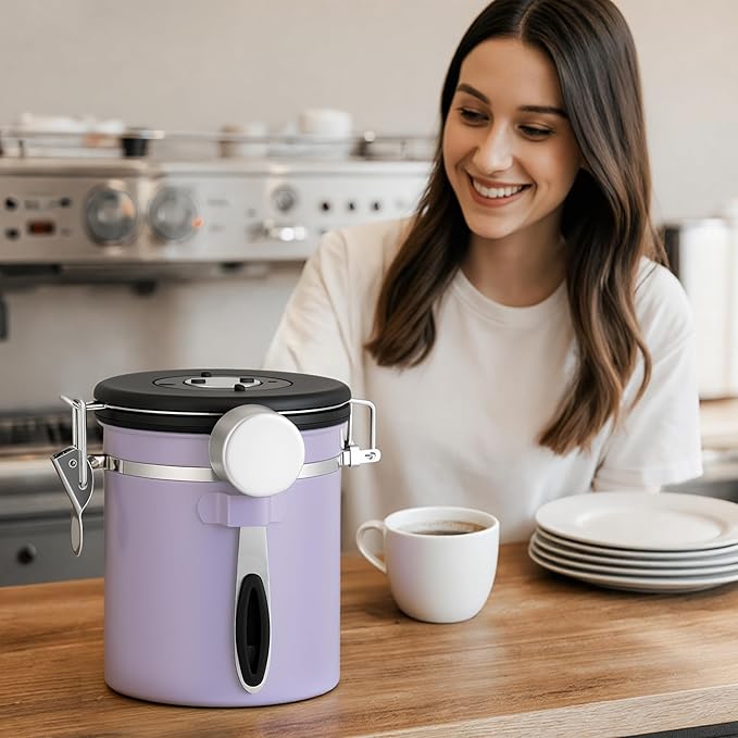 ShanSon Coffee Canister Airtight Coffee Container Stainless Steel Coffee Bean Storage Container with Scoop Coffee Canister for Beans Grounds Sugar Flour Tea Cereal,16OZ, Purple