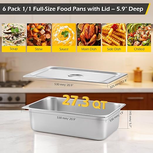Dyna-Living 6 Pack Hotel Pans Full Size, 6 Inch Deep Stainless Steel Steam Table Pan with Lids Anti Jam Stackable Commercial Food Pans for Buffet Hotel Home Restaurant Party Catering Supplies