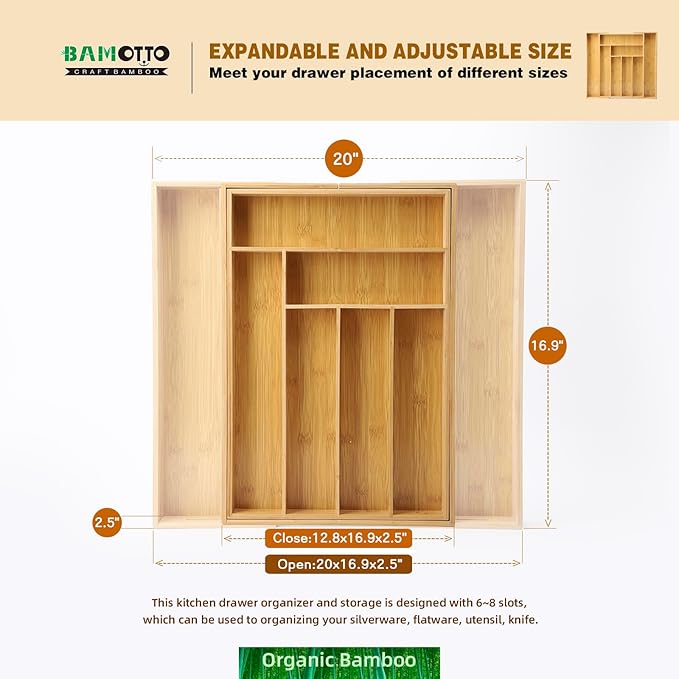 BAMOTTO CRAFTBAMBOO Expandable Bamboo Drawer Organizer – Large 20"x16.9" Size with Adjustable Dividers – for Kitchen Utensils, Knives, Cutlery, Flatware & Silverware Storage Tray