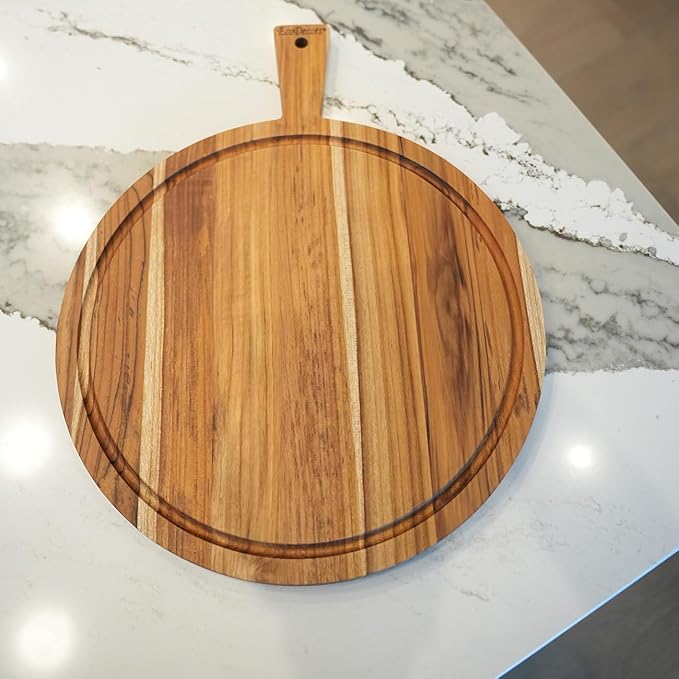 EcoDecors 18" Round Teak Cutting Board with Handle, FSC Certified Solid Wood, Edge Grain with Juice Groove, Carving Board for Kitchen & Brisket