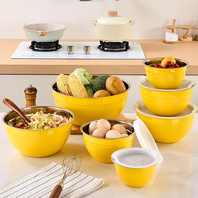 Moxinox Yellow Mixing Bowls with Airtight Lids, Stainless Steel Nesting Mixing Bowls Set of 7, Ideal for Baking, Prepping and Serving Food, Size 7, 3.6, 2.7, 2.1, 1.5, 1.1,0.8 QT, Stackable Design