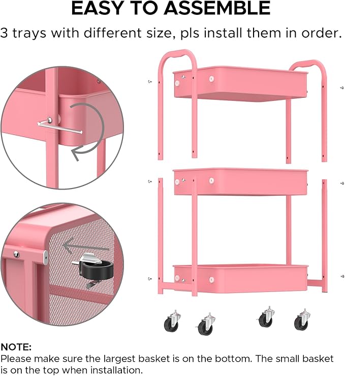 MAX Houser 3-Tier Rolling Utility Cart with Caster Wheels,Easy Assembly, for Kitchen, Bathroom (Pink)