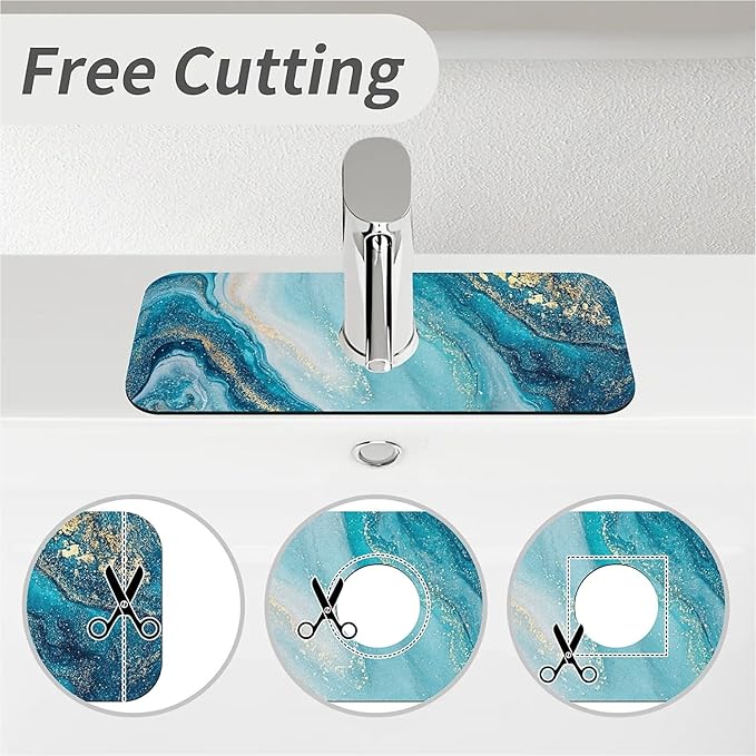 Kitchen Sink Splash Guard，Blue golden fluid marble Faucet Mat Sink Gadgets-Super Absorbent Fast Drying Mat Drip Catcher for Kitchen, Bathroom,Sink Mat, Dish Drying Mat, Bathroom(15" X 5.5" )