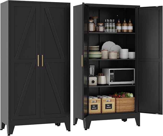 YAUWOH 61''Metal Cabinet with 3 Adjustable Shelves,4-Tier Pantry Storage Cabinet,Kitchen Pantry Cabinet for Living Room,Dining Room, Black