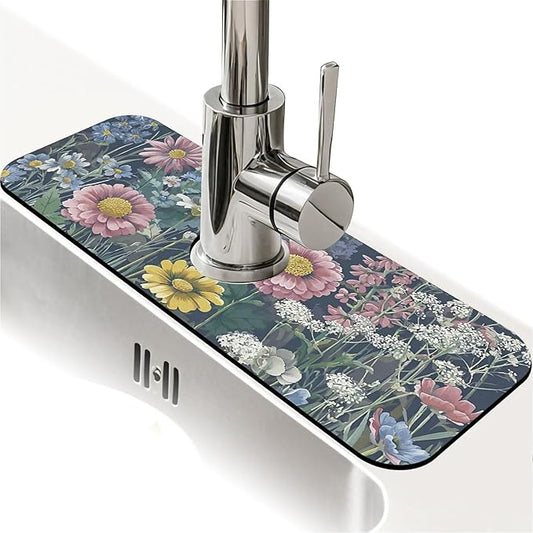 Kitchen Sink Splash Guard，Daisies and marigolds Faucet Mat Sink Gadgets-Super Absorbent Fast Drying Mat Drip Catcher for Kitchen, Bathroom,Sink Mat, Dish Drying Mat, Bathroom(15" X 5.5" )