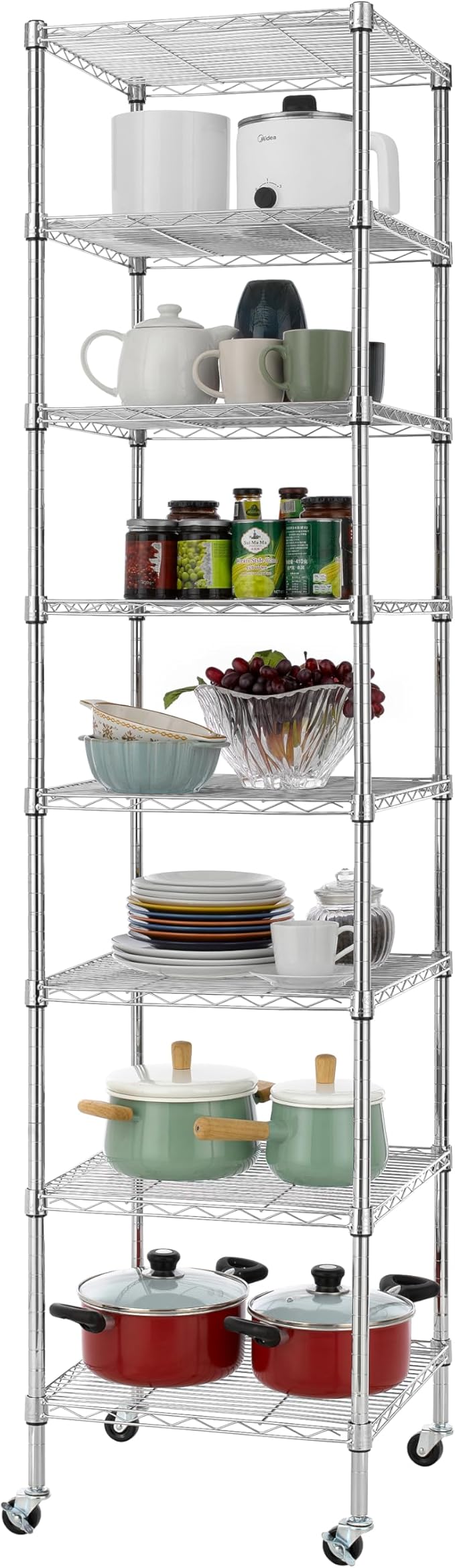 Finnhomy Heavy Duty 8 Tier Wire Shelving with Wheels 18x18x78.7-inches 8 Shelves Metal Storage Rack Thicken Steel Tube, Pantry Shelves for Storage, Adjustable Shelving Unit, NSF Certified, Chrome