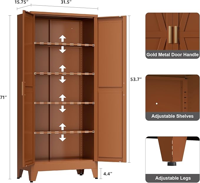 LCAOPC 71" Tall Metal Storage Cabinet with 2 Doors and 4 Adjustable Shelves, 5-Tier Kitchen Pantry Storage Cabinet for Kitchen, Living Room, Dining Room and Office, Brown