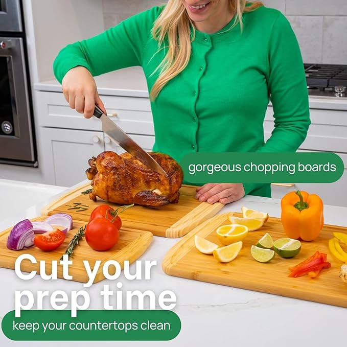 Organic Bamboo Cutting Board Set of 3 with Lifetime Replacements – Premium Extra Large Wood Cutting Boards for Kitchen with Juice Grooves for Carving & Serving, Non Toxic & Durable by Greener Chef