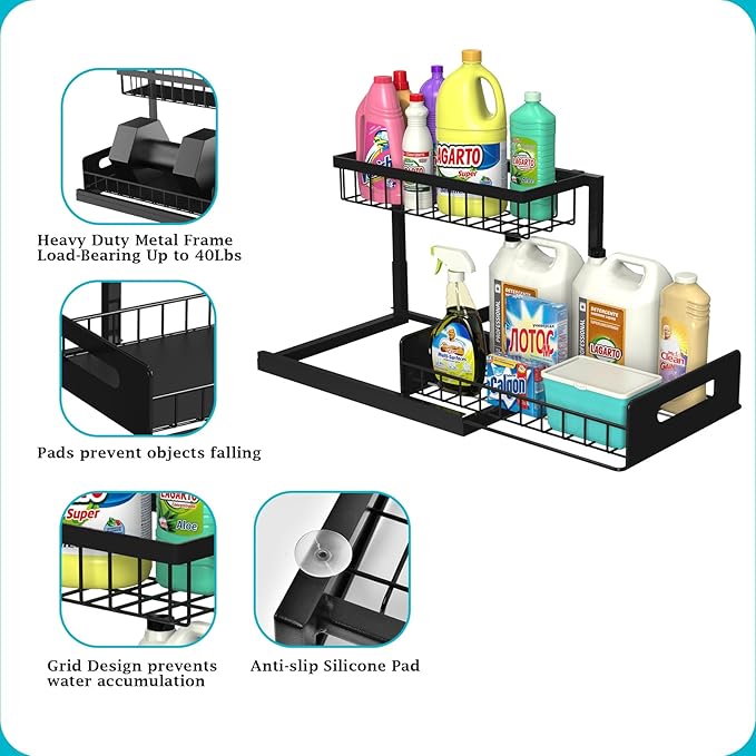 REALINN Under Sink Organizer, Pull Out Cabinet Organizer Slide Out Sink Shelf Cabinet Storage Shelves, Storages for Kitchen Bathroom, Black, 2 Pack