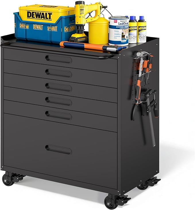 BIZOEIRON Metal Garage Storage Cabinet with Wheels, Rolling Tool Cabinet with 6 Drawers, Heavy Duty Tool Cabinet with Workbench, Assembly Required, Black