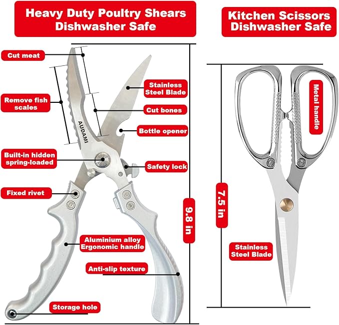 AUDAMI 2 Pack Kitchen Shears,Heavy Duty Stainless Steel All-Purpose Poultry Meat Scissors for Cooking-Dishwasher Safe