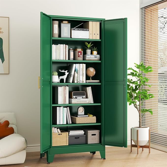 erosoei 75.2”H Metal Kitchen Pantry Storage Cabinet, Storage Cabinets with Adjustable Feet and Shelves,Food Pantries Cupboard for Kitchen, Living Room, Laundry Room and Dinning Room（Green）