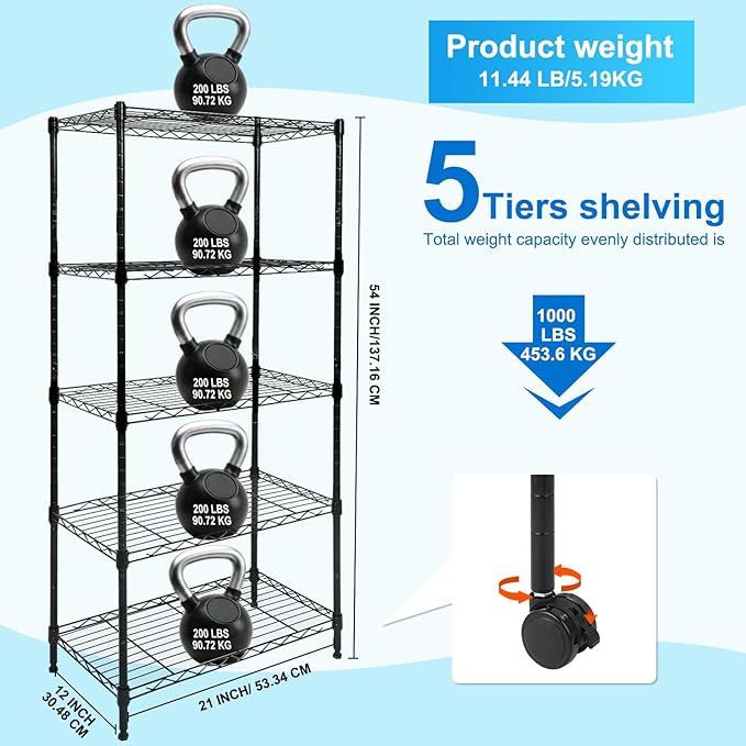 Whitmor 5 Tier Shelving Unit, Adjustable Storage Shelves with Wheels, Wire Shelving, 400 lbs Capacity per Shelf, Max 2000 lbs Total for Laundry, Garage, Plant, 21" L x 12" W x 54" H, Black