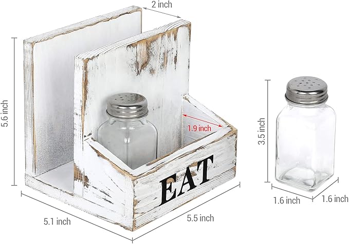 MyGift Napkin Holder for Table, Wood Napkin Holder with Salt and Pepper Shakers Set, Condiment Caddy with Bold Black Printed EAT Design, Standing Paper Napkin Storage for Kitchen Dining Table Decor