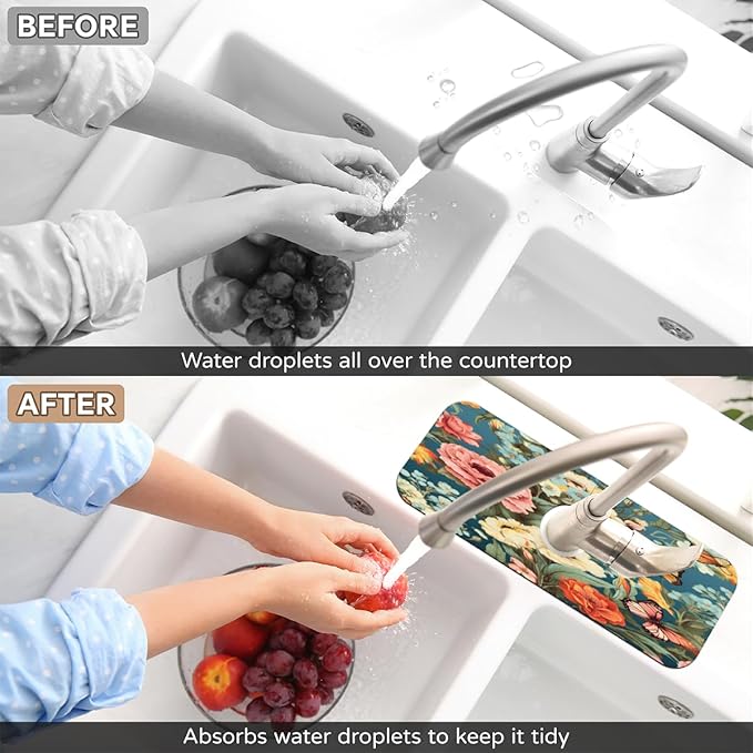 Vivid Flora Butterfly Blend Kitchen Faucet Mat Splash Guard, 15.4”x5.7” Absorbent Quick Drying Sink Mat for Countertop Protection, Draining Mat Sink Protectors For Kitchen Bathroom, 2 Pack